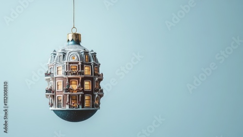 Elegant Christmas ornament shaped like a vintage townhouse with glowing windows, perfect for real estate holiday campaigns, luxury property branding, and festive marketing materials