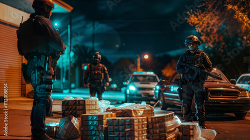 Nighttime swat operation with armed officers securing confiscated goods on urban street photo