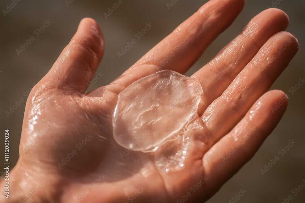 A hand holding a translucent, jelly-like substance glistening in sunlight. A hand holding a translucent, jelly-like substance glistening in sunlight.