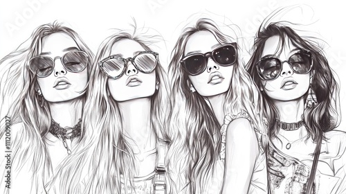 Four stylish young women wearing sunglasses, showcasing confidence and trendy fashion in a chic, sketched illustration.