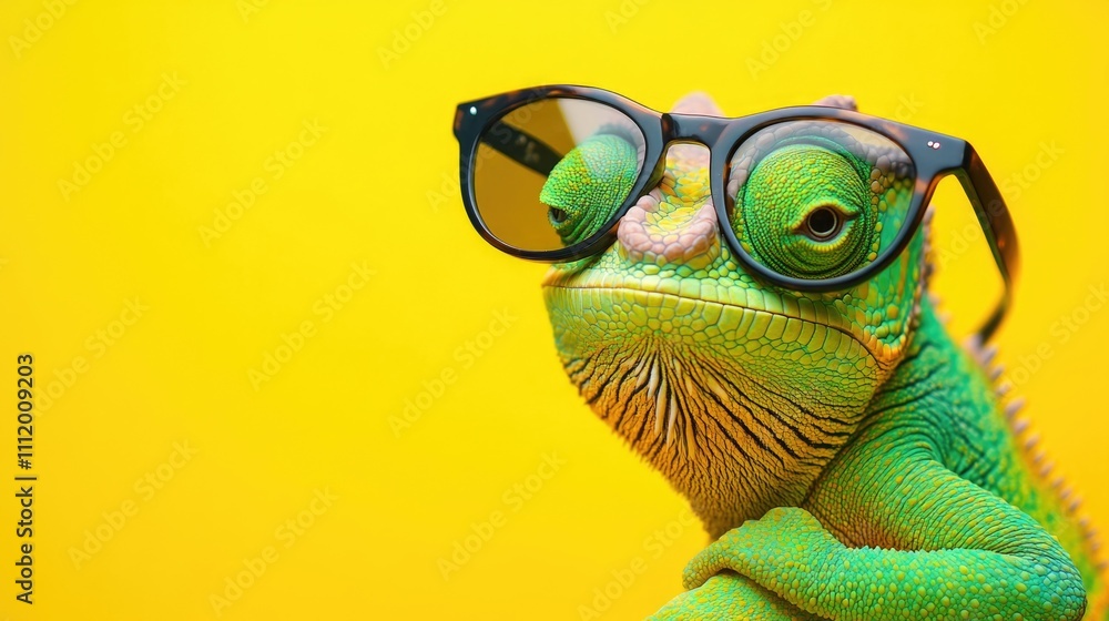 Obraz premium Chameleon lizard with sunglasses on yellow