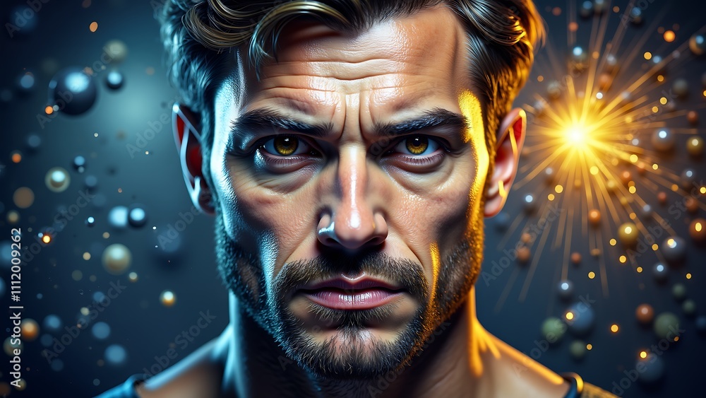 A man with a beard and a yellow eye is staring at the camera A man with a beard and a yellow eye is staring at the camera
