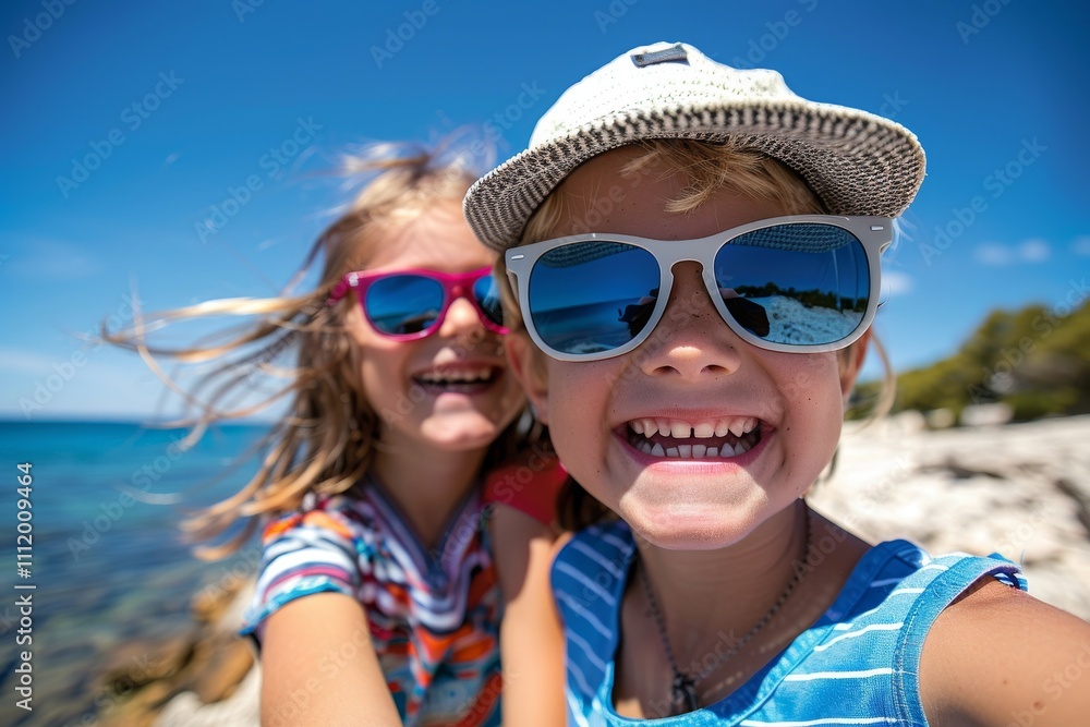 Two cheerful children wearing sunglasses enjoy a sunny day on the rocky shoreline by the ocean, embodying the joy and excitement of a carefree summer holiday. Two cheerful children wearing sunglasses enjoy a sunny day on the rocky shoreline by the ocean, embodying the joy and excitement of a carefree summer holiday.