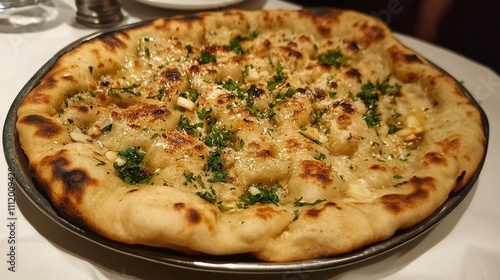 Fresh Naan Bread with Garlic and Herbs - Delicious fresh naan bread topped with herbs and garlic, perfect for sharing and enhancing any meal. Ideal for Indian cuisine lovers.