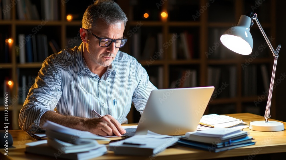Fototapeta premium Professional Man Working Late at Home Office Desk with Laptop