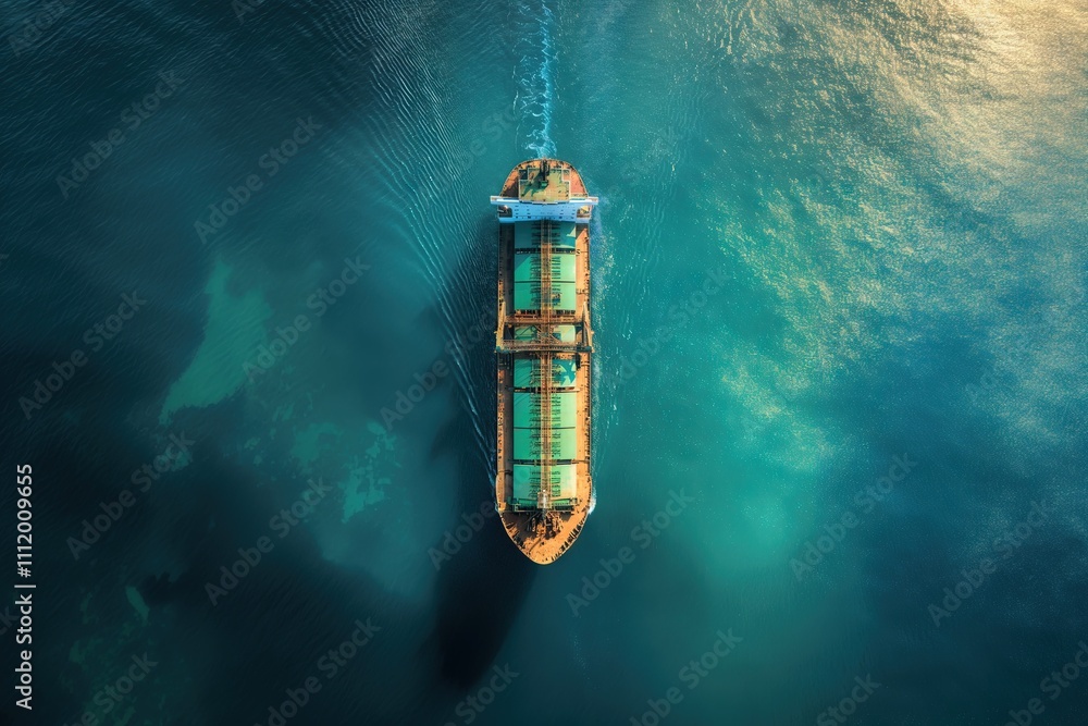 Aerial Perspective of Cargo Ship Navigating Turquoise Waters - Space for Text Aerial Perspective of Cargo Ship Navigating Turquoise Waters - Space for Text