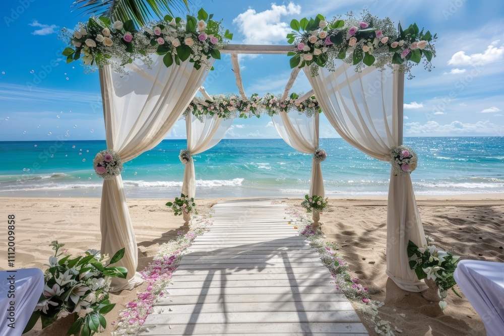 An exquisite beachside wedding arch draped with white fabric and adorned with flowers, overlooking a stunning ocean backdrop under a cloud-dotted sky. An exquisite beachside wedding arch draped with white fabric and adorned with flowers, overlooking a stunning ocean backdrop under a cloud-dotted sky.