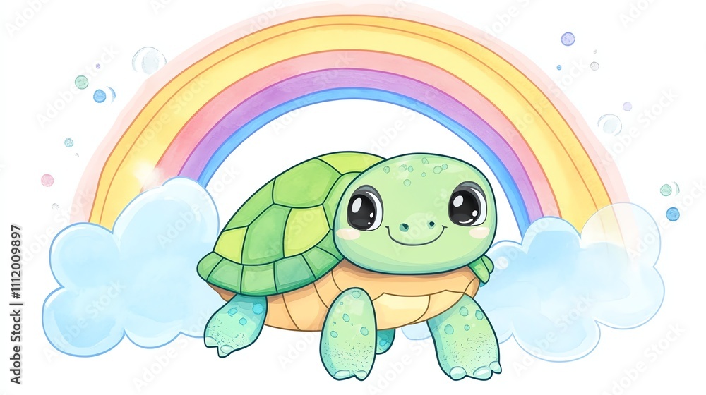 A cute cartoon turtle with a rainbow above it. A cute cartoon turtle with a rainbow above it.
