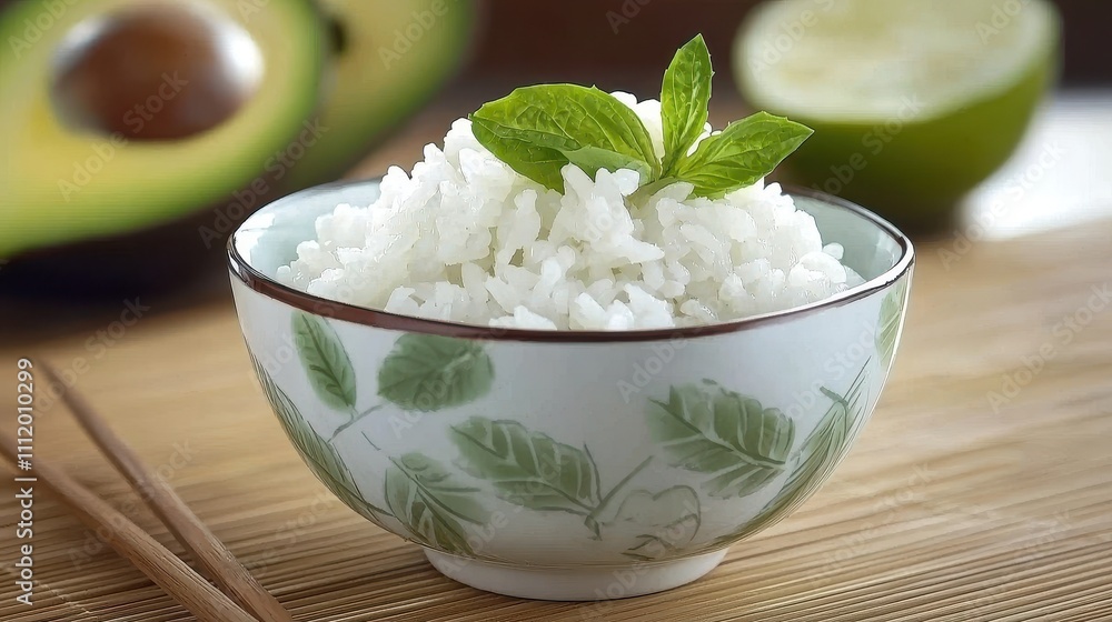 Fresh Cooked White Rice in Elegant Bowl with Mint Leaves Fresh Cooked White Rice in Elegant Bowl with Mint Leaves