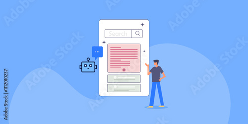 Customer using AI virtual robot assistant app to discover content on search engine conceptual vector illustration.