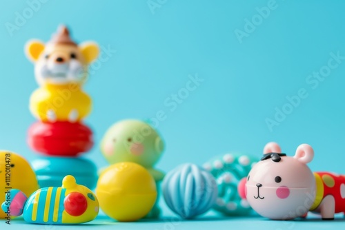 A variety of colorful toys, including a hamster and fish, are arranged on a blue backdrop. The setting evokes childhood wonder and playfulness in a modern style. photo