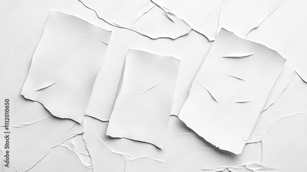 Obraz premium A minimalist arrangement of torn white paper on a textured background evokes a sense of simplicity and artistic creativity.
