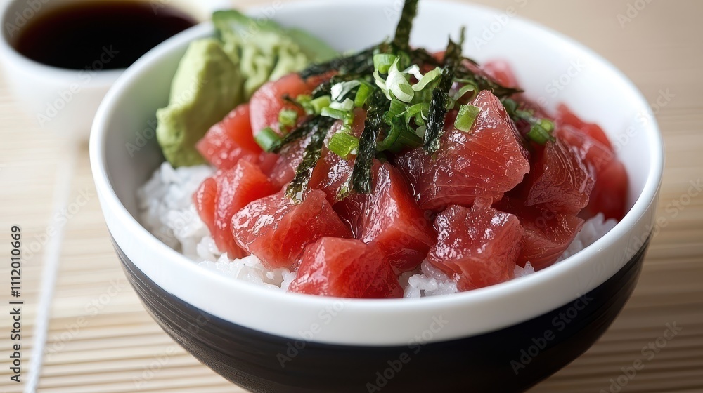 Fresh Tuna Sashimi Bowl with Avocado and Wasabi Garnish Fresh Tuna Sashimi Bowl with Avocado and Wasabi Garnish