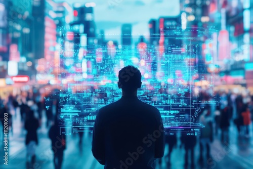 silhouette of a diverse urban crowd seen through a digital holographic screen on a futuristic city street top view capturing modern interconnectedness scifi tone vivid color scheme