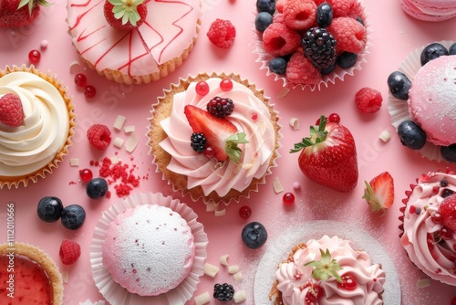 An array of delicious cupcakes topped with pink frostings, berries, and chocolate, displayed attractively on a pink surface, showcasing their appealing textures and colors. photo