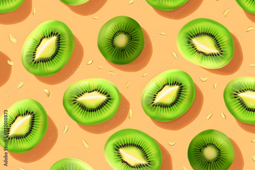 Fototapeta premium A pattern of juicy green kiwifruit slices set against an orange background with scattered seeds, capturing a vibrant and fresh visual appeal in this delightful image.