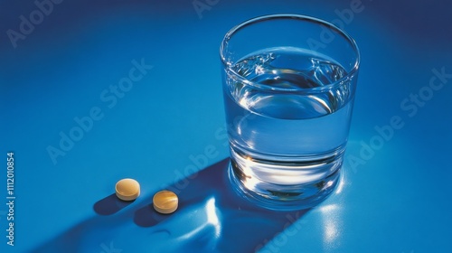 Glass of Water Beside Pills on Reflective Blue Surface - A clear glass of water rests beside two yellow pills on a shiny blue background, symbolizing health, hydration, medicine, wellness, and self-ca photo