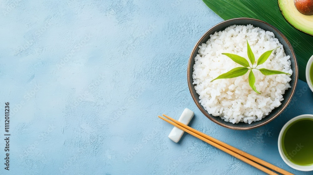 Fresh Cooked Rice in Bowl with Avocado and Tea on Blue Background Fresh Cooked Rice in Bowl with Avocado and Tea on Blue Background