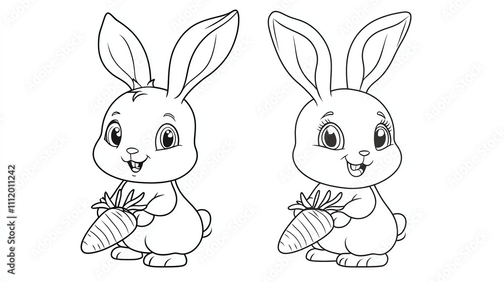 Fototapeta premium Two cute cartoon bunnies holding carrots.