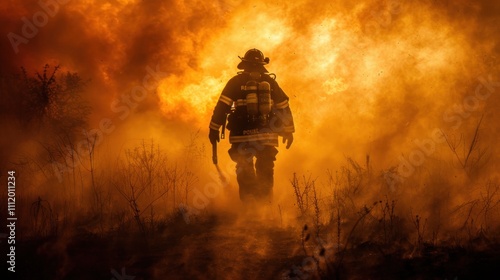 A dramatic scene of a firefighter moving through thick smoke with a rescue tool in hand, their silhouette outlined by the glow of flames, illustrating the dangers faced during missions. photo