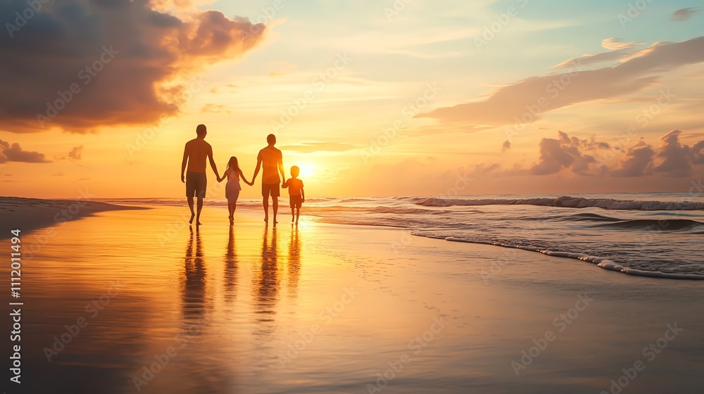 Family walking hand-in-hand on a sandy beach at sunset. Family walking hand-in-hand on a sandy beach at sunset.