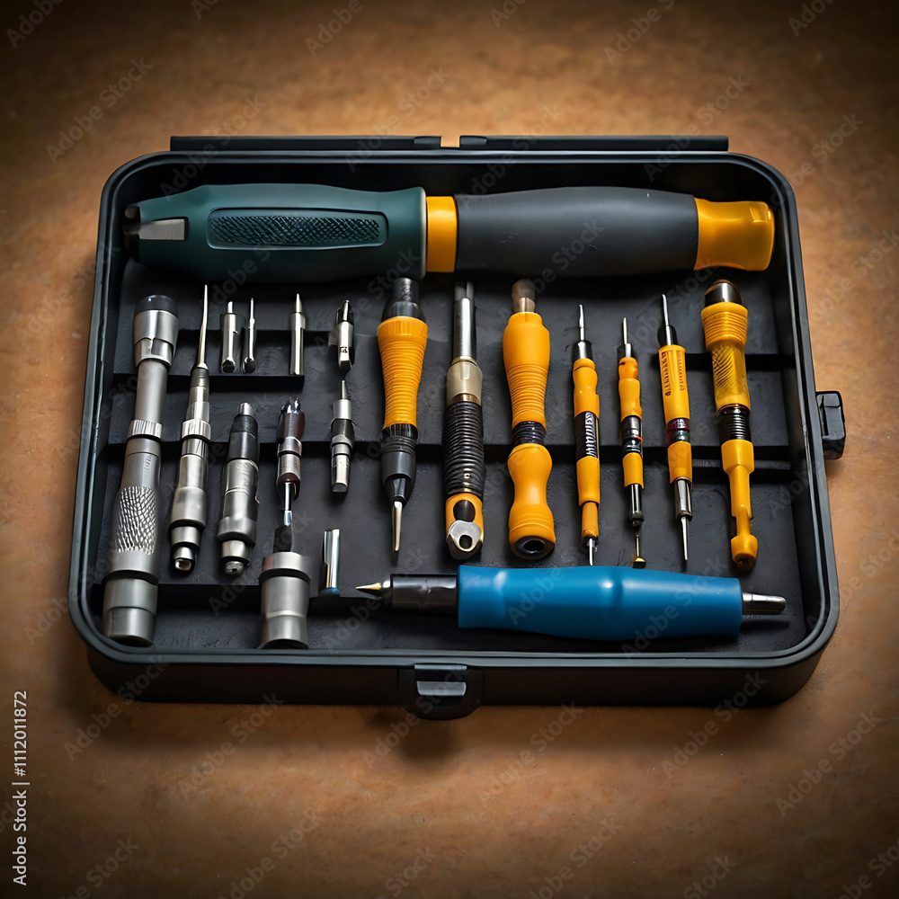 A detailed precision screwdriver set, neatly arranged in a case, with tiny screws A detailed precision screwdriver set, neatly arranged in a case, with tiny screws