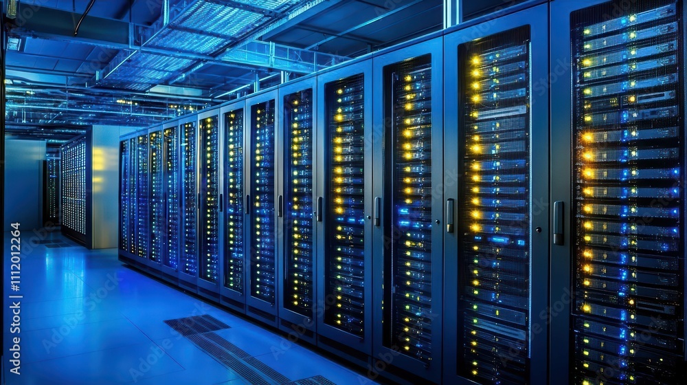 A data center filled with servers, illuminated by blue and yellow lights. A data center filled with servers, illuminated by blue and yellow lights.