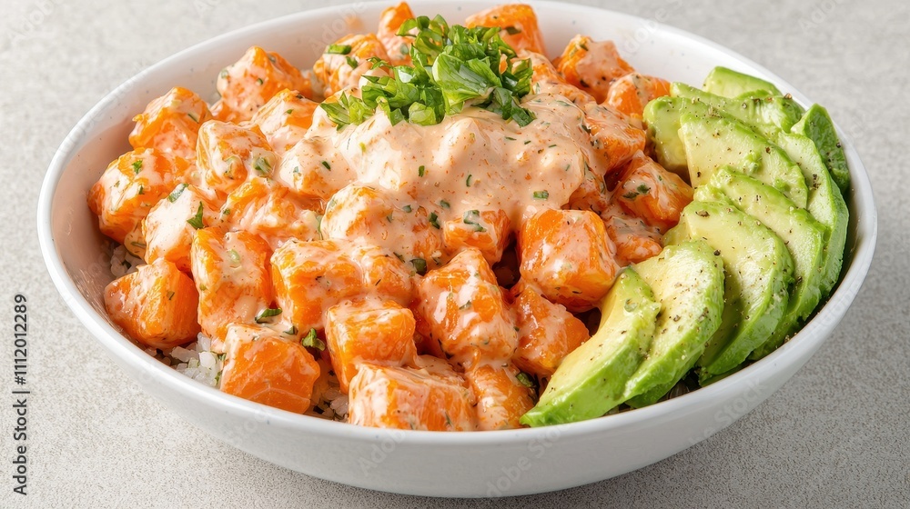 Fresh and Colorful Bowl of Spicy Salmon with Avocado and Rice Fresh and Colorful Bowl of Spicy Salmon with Avocado and Rice