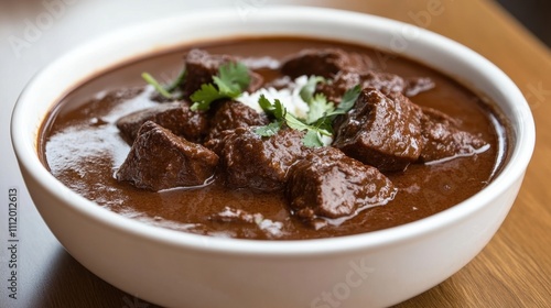 Rich and Savory Beef Stew with Tender Meat Cubes and Fresh Cilantro Garnish on a Wooden Table Perfect for Delicious Food Photography