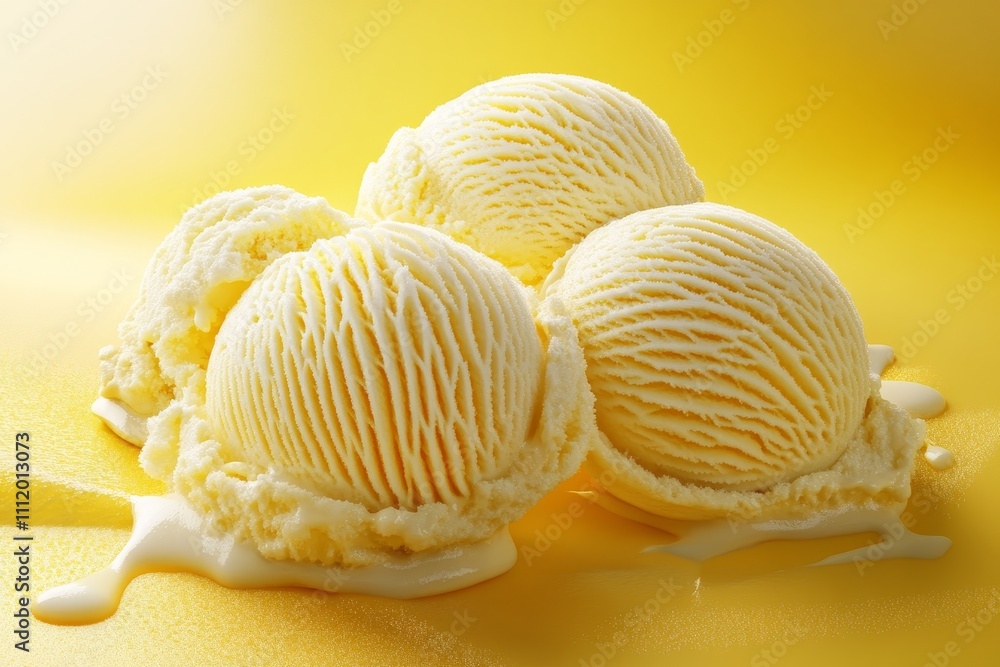 Ice Cream Delight on Yellow Background - Ice cream delight featuring three scoops on a vibrant yellow background symbolizing summer joy, sweetness, indulgence, freshness, and happiness. Ice Cream Delight on Yellow Background - Ice cream delight featuring three scoops on a vibrant yellow background symbolizing summer joy, sweetness, indulgence, freshness, and happiness.