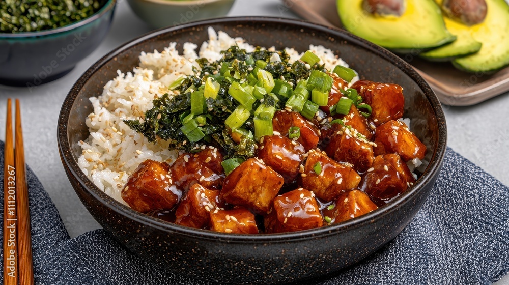 Delicious Asian Cuisine Bowl with Tofu, Rice, and Green Toppings Delicious Asian Cuisine Bowl with Tofu, Rice, and Green Toppings