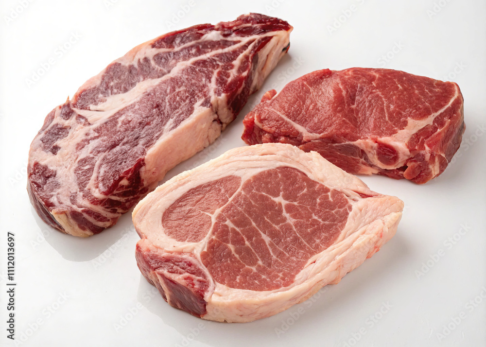 Fototapeta premium Assorted Raw Beef Cuts on White Background 