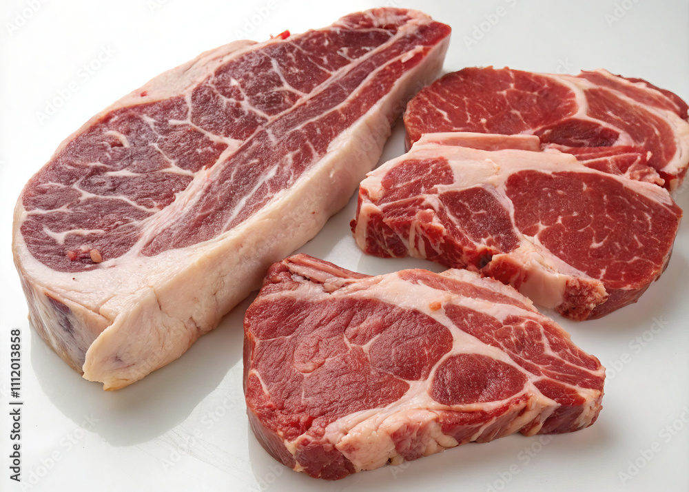 Close-up of various raw beef cuts with visible marbling, showcasing freshness and texture, arranged on a clean white background.
Close-up of various raw beef cuts with visible marbling, showcasing freshness and texture, arranged on a clean white background.