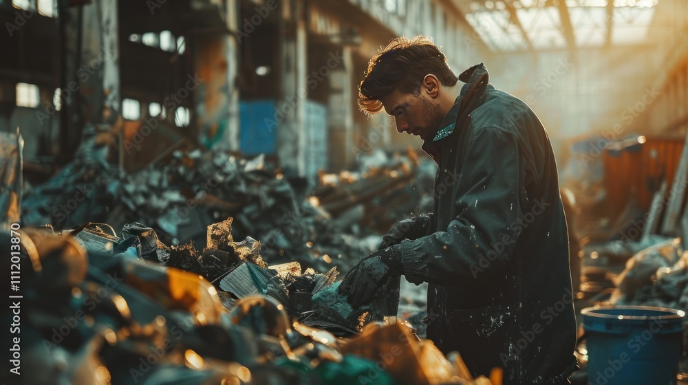 A dynamic shot of an industrial worker sorting materials for recycling, showcasing the hands-on efforts in reducing waste by reusing and repurposing industrial by-products A dynamic shot of an industrial worker sorting materials for recycling, showcasing the hands-on efforts in reducing waste by reusing and repurposing industrial by-products