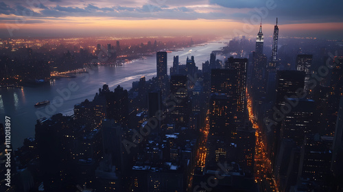 Majestic New York City skyline at dusk, illuminated by glowing city lights, overlooking the East River with a moody sunset and vibrant urban energy. photo