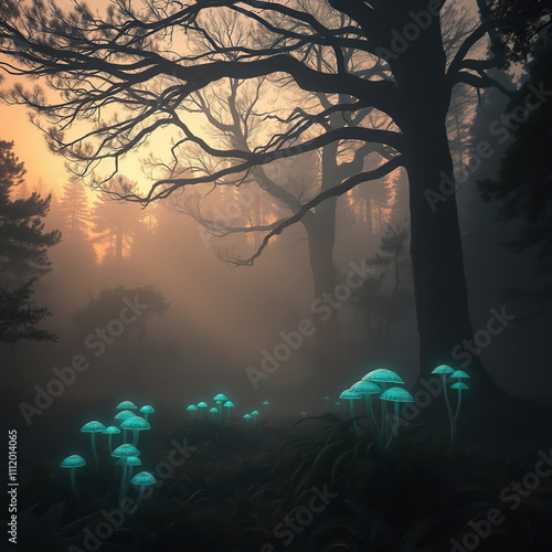 Foggy forest clearing with glowing bioluminescent mushrooms under a canopy of trees at dusk,  forest floor,  forest shadows,  moss-covered trees,  mystical forest photo