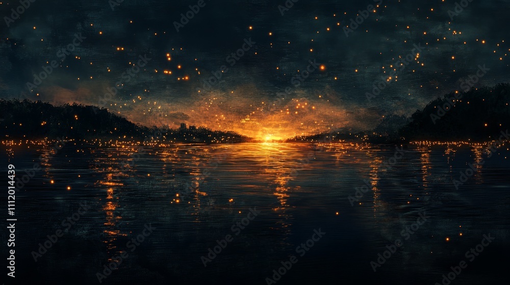 Lights on the River at Dusk - Engaging sunset over water reflecting lights and nature's beauty, symbolizing tranquility, wonder, serenity, connection, and calmness. Lights on the River at Dusk - Engaging sunset over water reflecting lights and nature's beauty, symbolizing tranquility, wonder, serenity, connection, and calmness.
