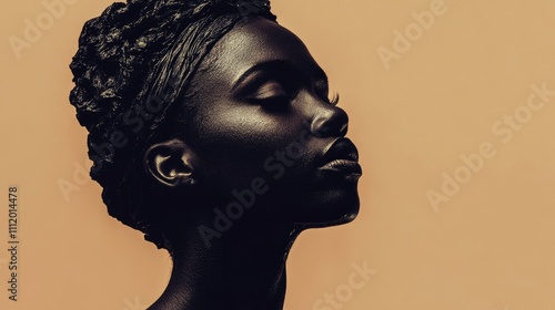 Serene black woman with eyes closed, head wrap, profile view against beige background.