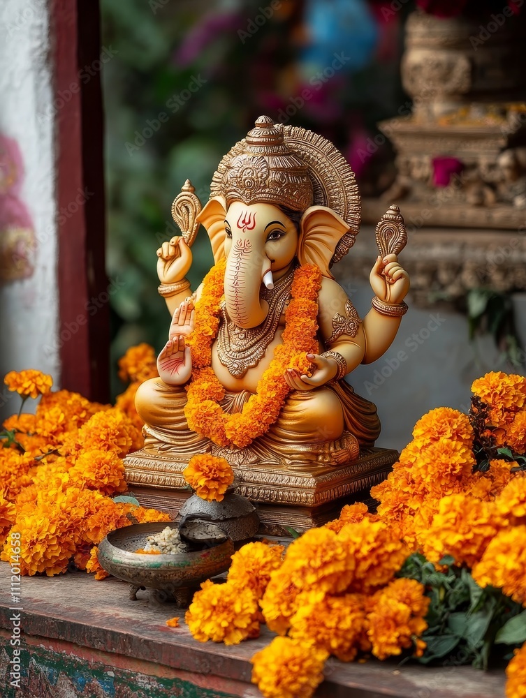 Fototapeta premium Lord Ganesha Idol Surrounded by Marigold Flowers - A captivating Lord Ganesha idol adorned with marigold flowers symbolizing prosperity, wisdom, harmony, devotion, and celebration.