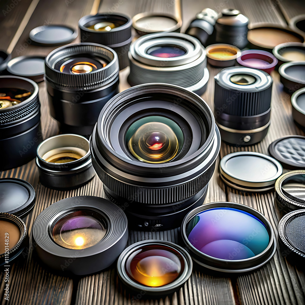 Professional Camera Lens on Photography Table with Lens Caps and Filters Scattered Professional Camera Lens on Photography Table with Lens Caps and Filters Scattered
