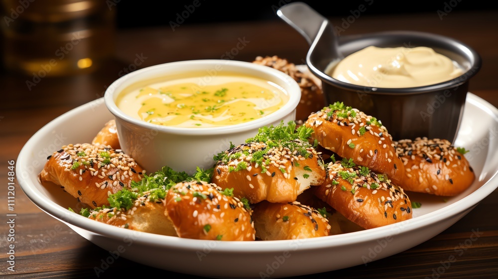 Soft pretzels with two dipping sauces. (1) Soft pretzels with two dipping sauces. (1)
