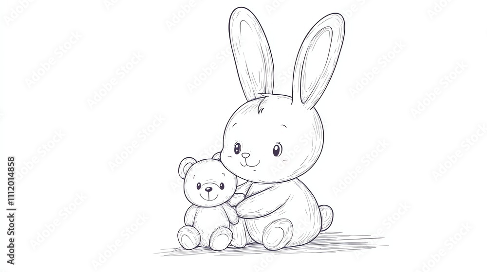 Obraz premium A cute cartoon bunny rabbit holding a teddy bear.