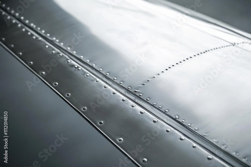 Close-up of a shiny aircraft wing section with rivets.