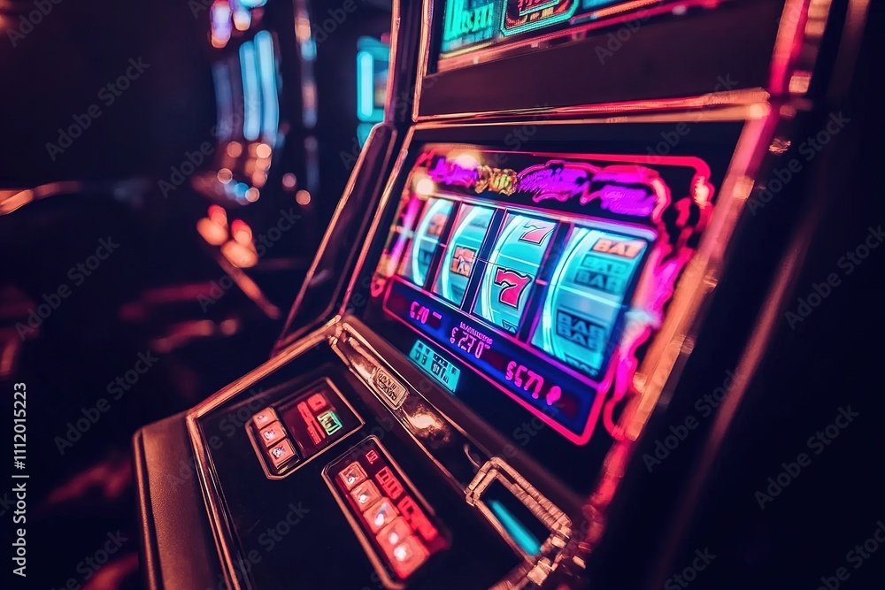 Close-up view of vibrant slot machine at casino with neon lights Close-up view of vibrant slot machine at casino with neon lights