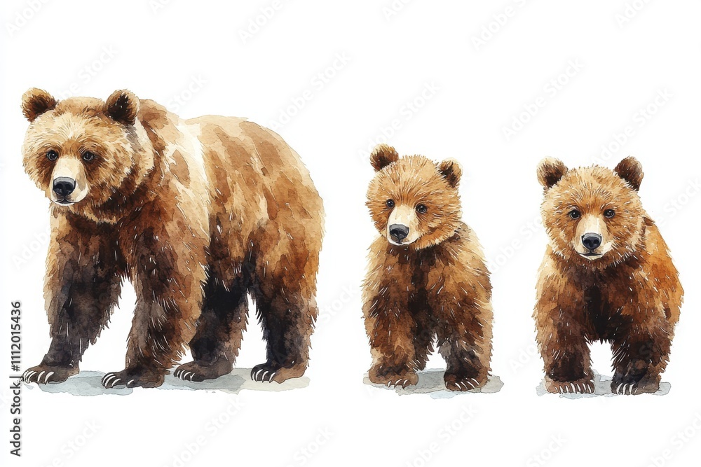 Three bears of varying sizes depicted in a watercolor style. Three bears of varying sizes depicted in a watercolor style.