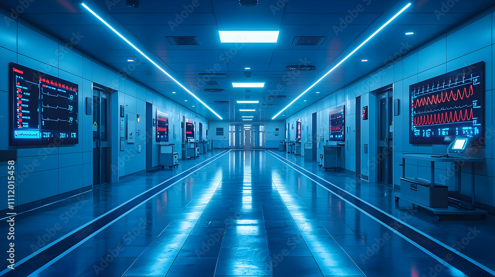 Futuristic Hospital Corridor: Blue Neon Lights & Screens Futuristic Hospital Corridor: Blue Neon Lights & Screens