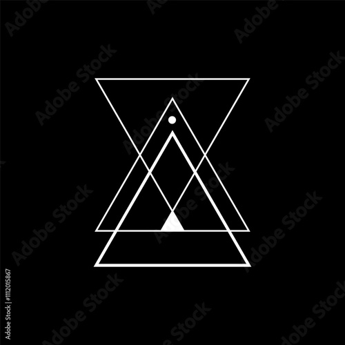 Geometric white triangle with minimalistic lines and masonic elements, suitable for mystical art and spiritual rituals. Inspired by sacred geometry.