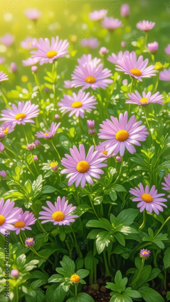 Fototapeta premium Purple flowers are growing in a garden with green leaves