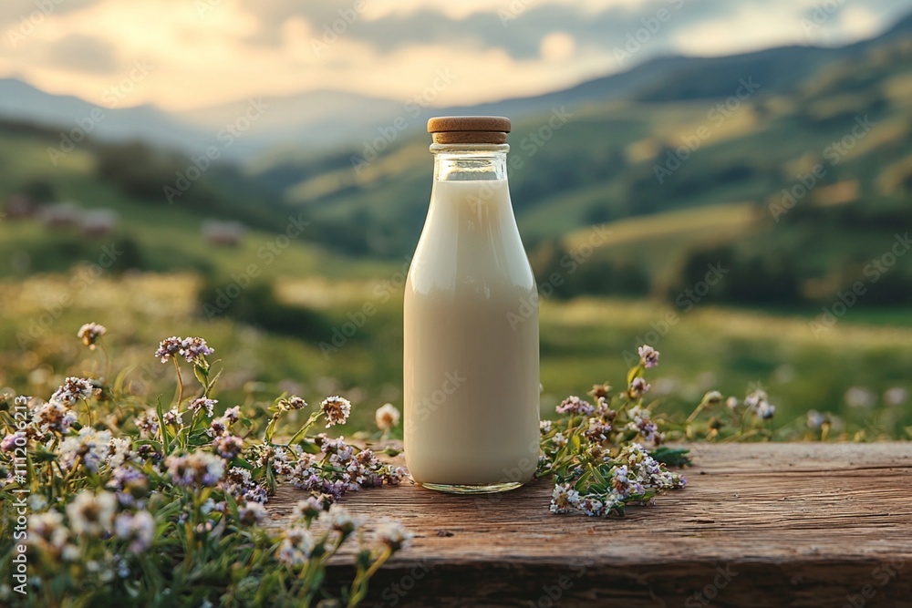 Glass bottle with fresh milk on a wooden table in a blurred landscape of a meadow and mountains. Sustainable and ecological production of food and milk. Livestock and dairy farm Glass bottle with fresh milk on a wooden table in a blurred landscape of a meadow and mountains. Sustainable and ecological production of food and milk. Livestock and dairy farm
