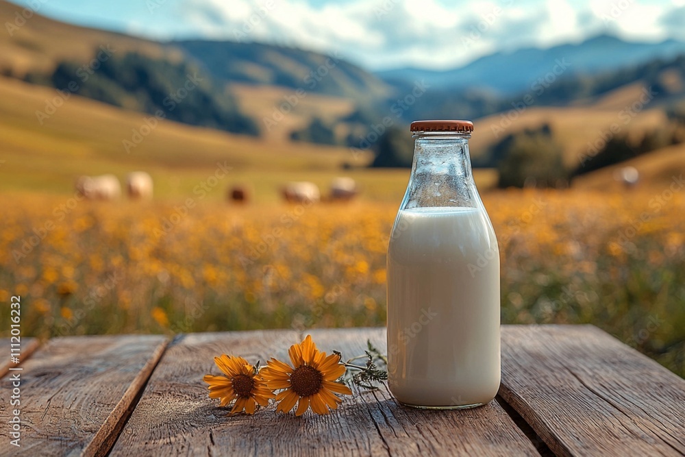 Glass bottle with fresh milk on a wooden table in a blurred landscape of a meadow and mountains. Sustainable and ecological production of food and milk. Livestock and dairy farm Glass bottle with fresh milk on a wooden table in a blurred landscape of a meadow and mountains. Sustainable and ecological production of food and milk. Livestock and dairy farm